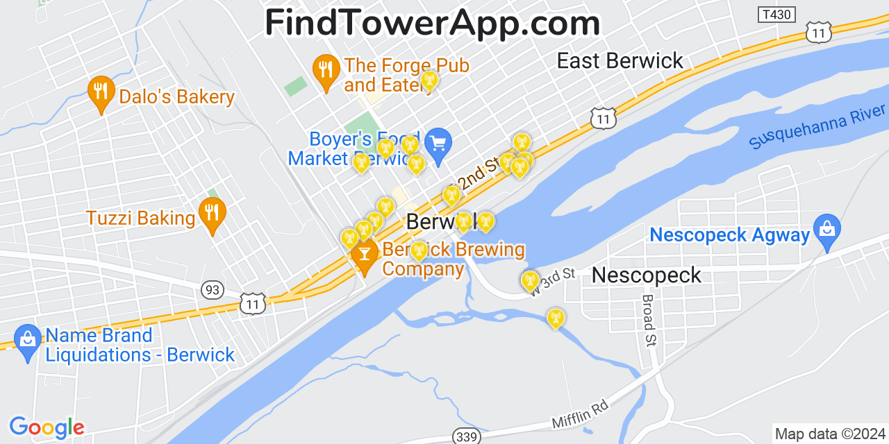 AT&T 4G/5G cell tower coverage map Berwick, Pennsylvania