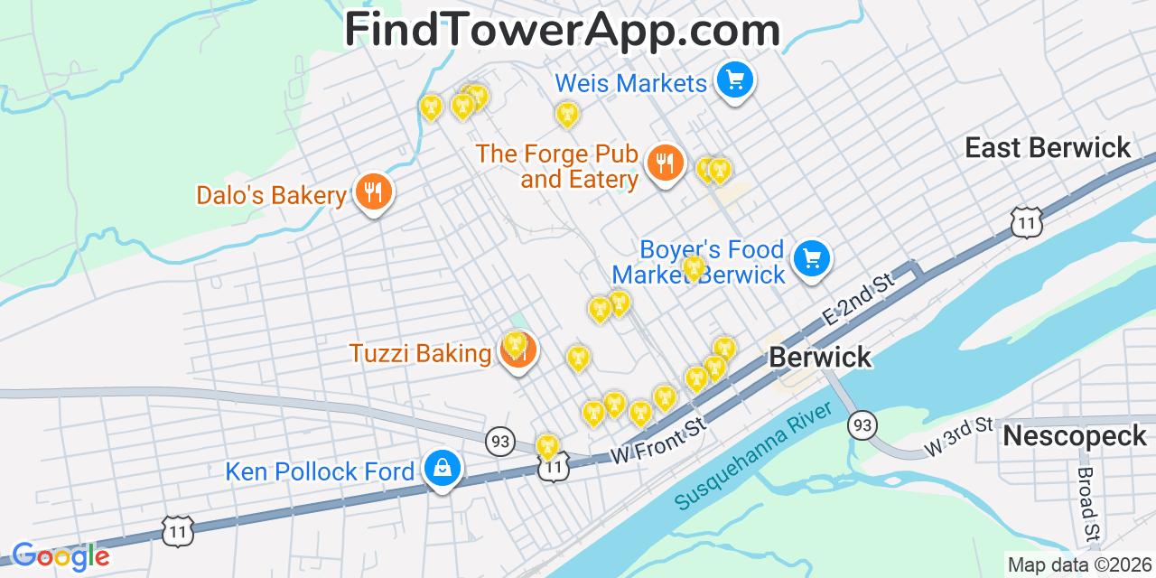 Map showing the 20 primary cell tower locations detected in Berwick, Pennsylvania from AT&T, Verizon, and T-Mobile networks