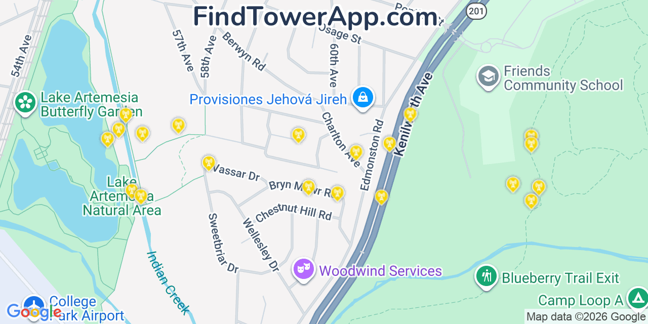 Map showing the 20 primary cell tower locations detected in Berwyn Heights, Maryland from AT&T, Verizon, and T-Mobile networks