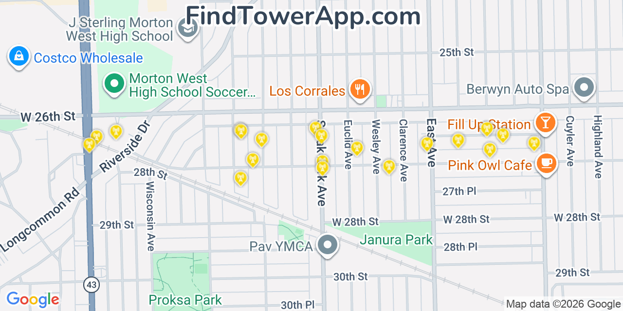 Map showing the 20 primary cell tower locations detected in Berwyn, Illinois from AT&T, Verizon, and T-Mobile networks