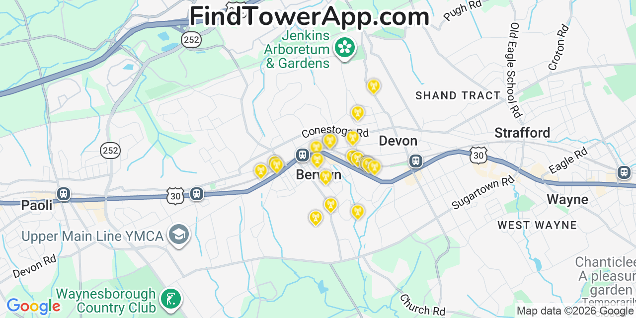 Map showing the 20 primary cell tower locations detected in Berwyn, Pennsylvania from AT&T, Verizon, and T-Mobile networks