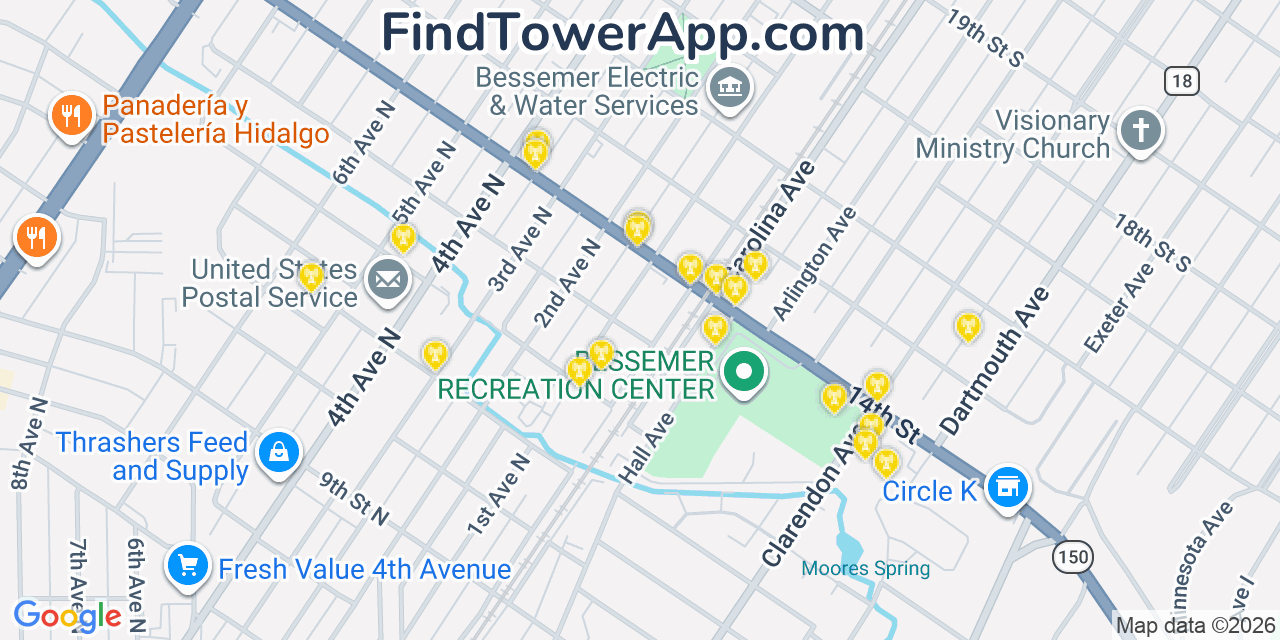 Map showing the 20 primary cell tower locations detected in Bessemer, Alabama from AT&T, Verizon, and T-Mobile networks