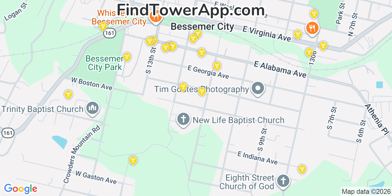 Map showing the 20 primary cell tower locations detected in Bessemer City, North Carolina from AT&T, Verizon, and T-Mobile networks