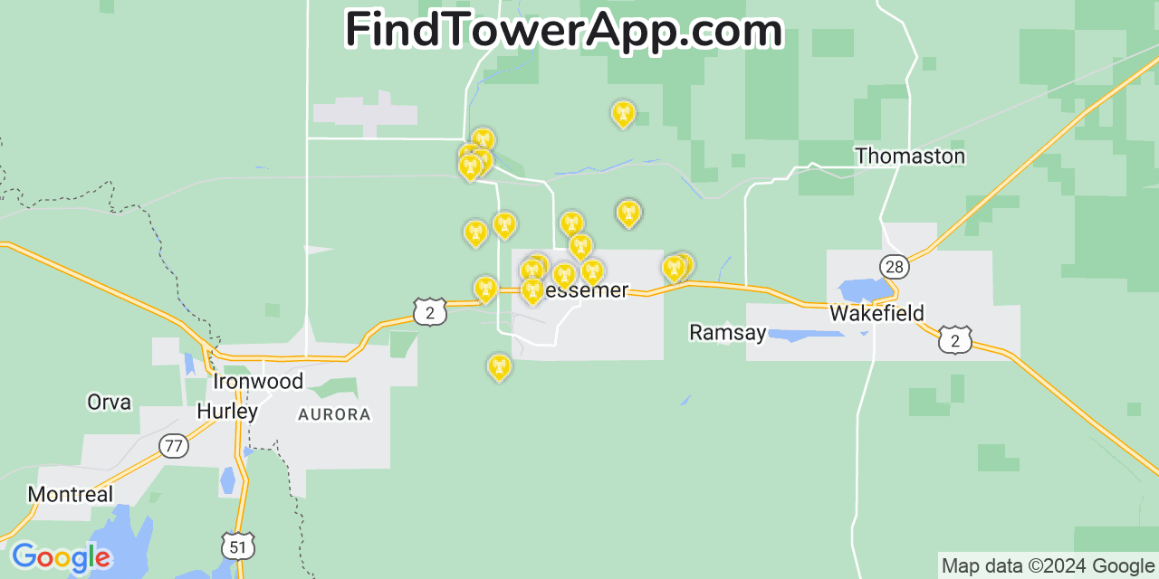 AT&T 4G/5G cell tower coverage map Bessemer, Michigan