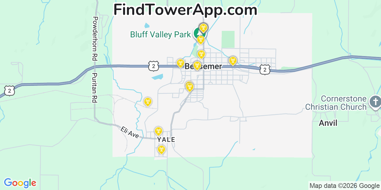 Map showing the 20 primary cell tower locations detected in Bessemer, Michigan from AT&T, Verizon, and T-Mobile networks