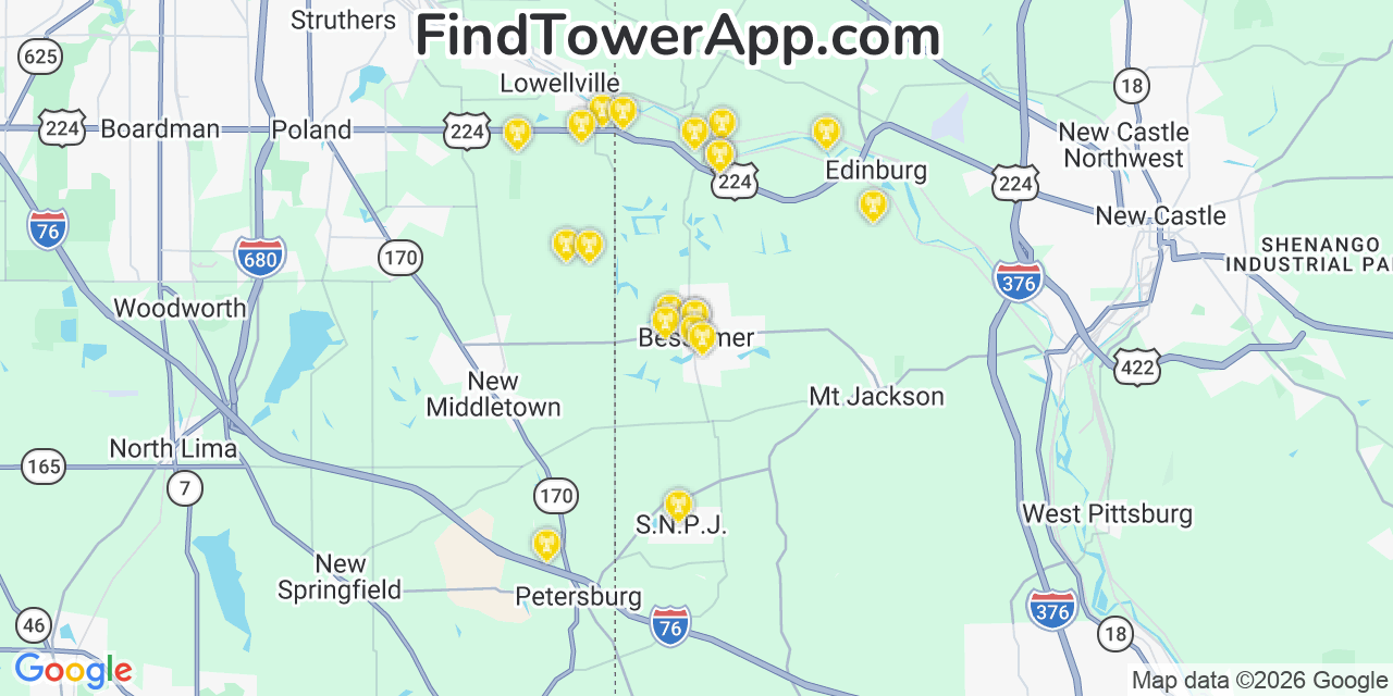 Map showing the 20 primary cell tower locations detected in Bessemer, Pennsylvania from AT&T, Verizon, and T-Mobile networks