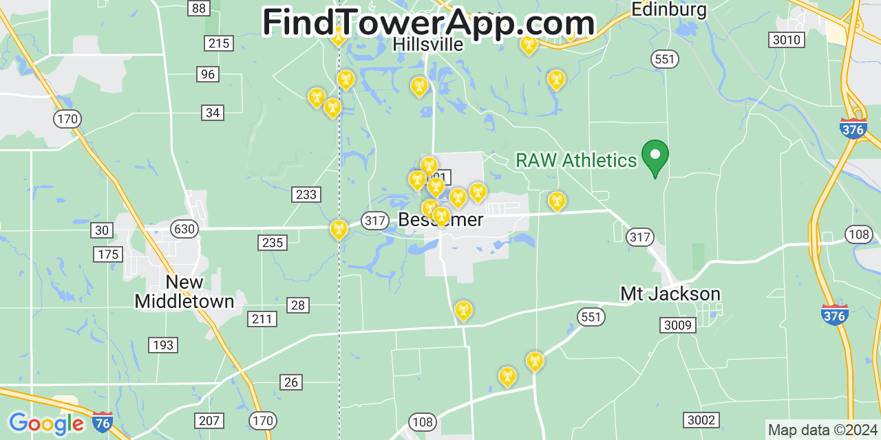 T-Mobile 4G/5G cell tower coverage map Bessemer, Pennsylvania