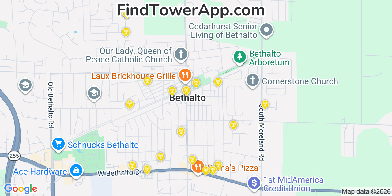 Map showing the 20 primary cell tower locations detected in Bethalto, Illinois from AT&T, Verizon, and T-Mobile networks