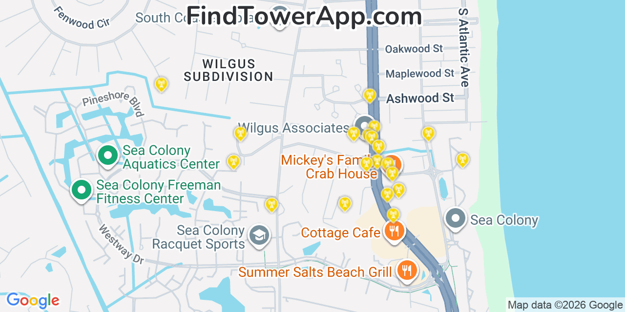 Map showing the 20 primary cell tower locations detected in Bethany Beach, Delaware from AT&T, Verizon, and T-Mobile networks