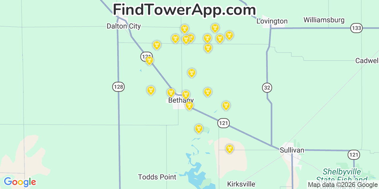 Map showing the 20 primary cell tower locations detected in Bethany, Illinois from AT&T, Verizon, and T-Mobile networks