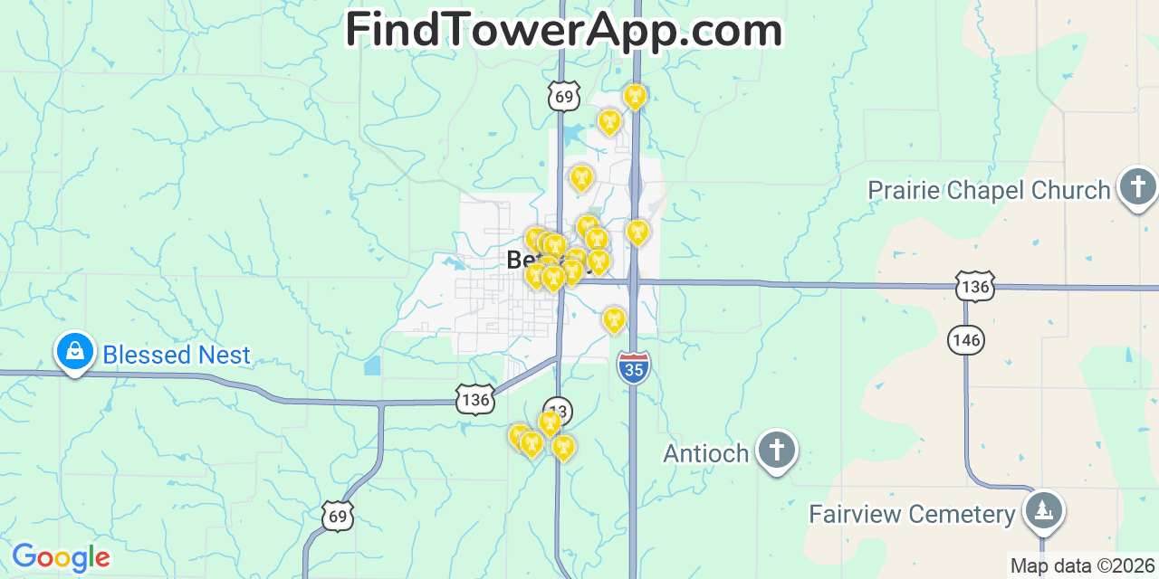 Map showing the 20 primary cell tower locations detected in Bethany, Missouri from AT&T, Verizon, and T-Mobile networks