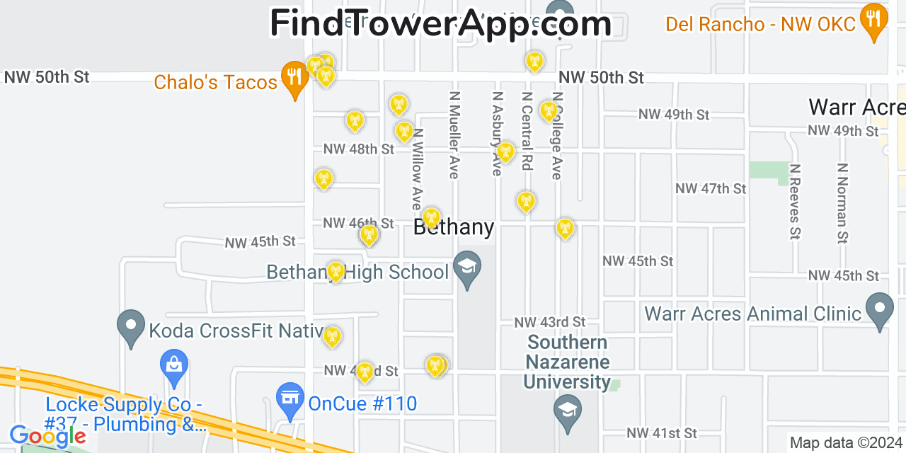 AT&T 4G/5G cell tower coverage map Bethany, Oklahoma