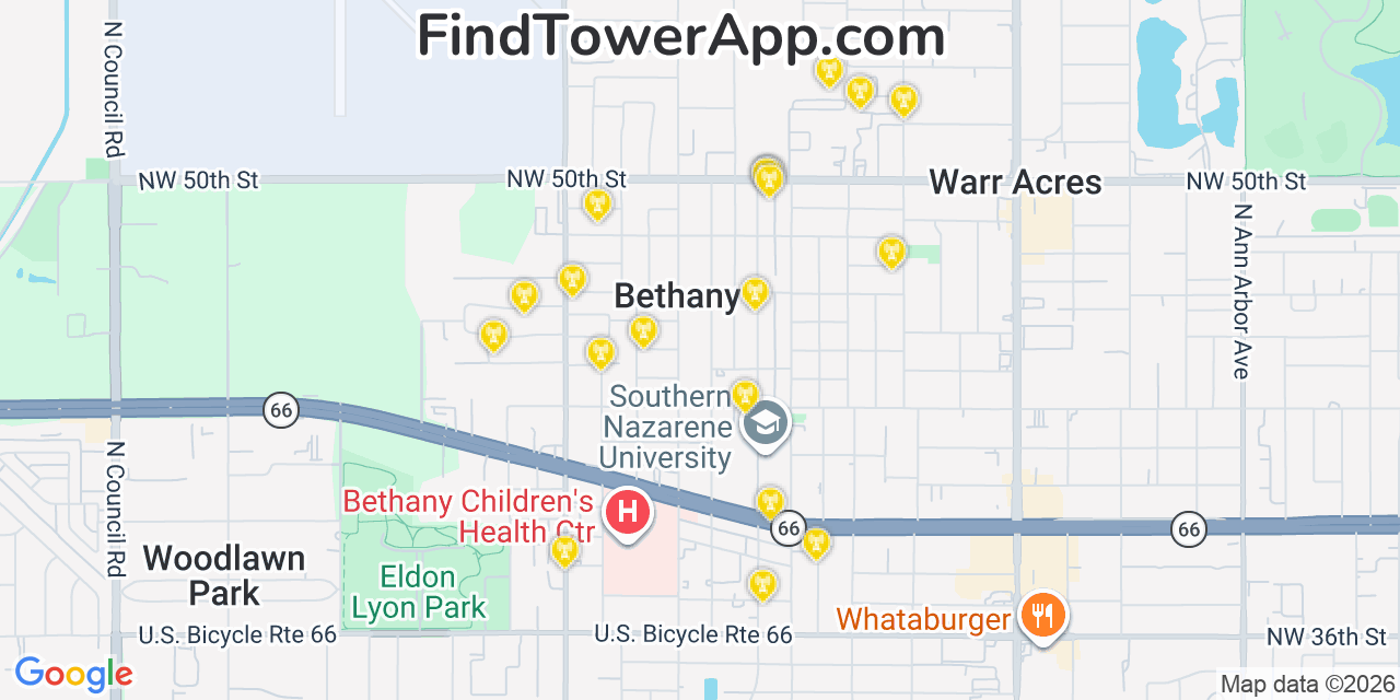 Map showing the 20 primary cell tower locations detected in Bethany, Oklahoma from AT&T, Verizon, and T-Mobile networks
