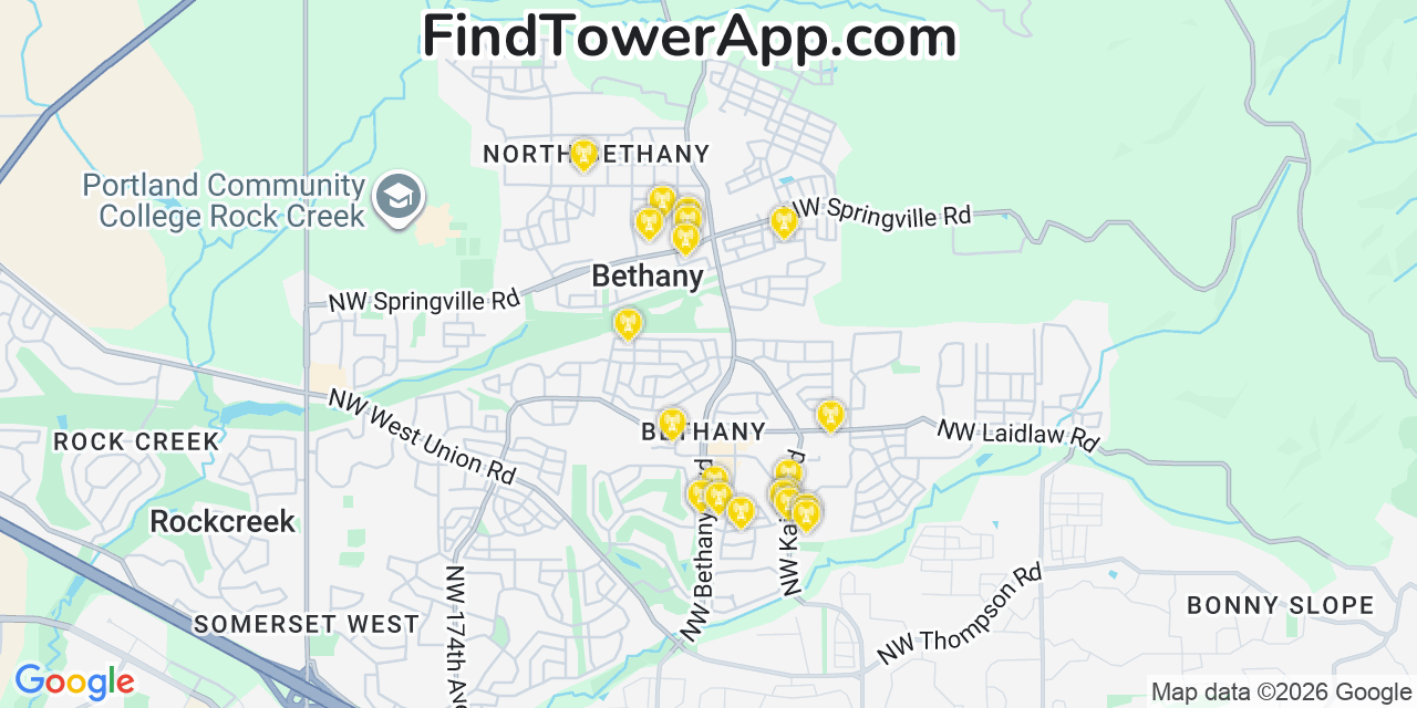 Map showing the 20 primary cell tower locations detected in Bethany, Oregon from AT&T, Verizon, and T-Mobile networks