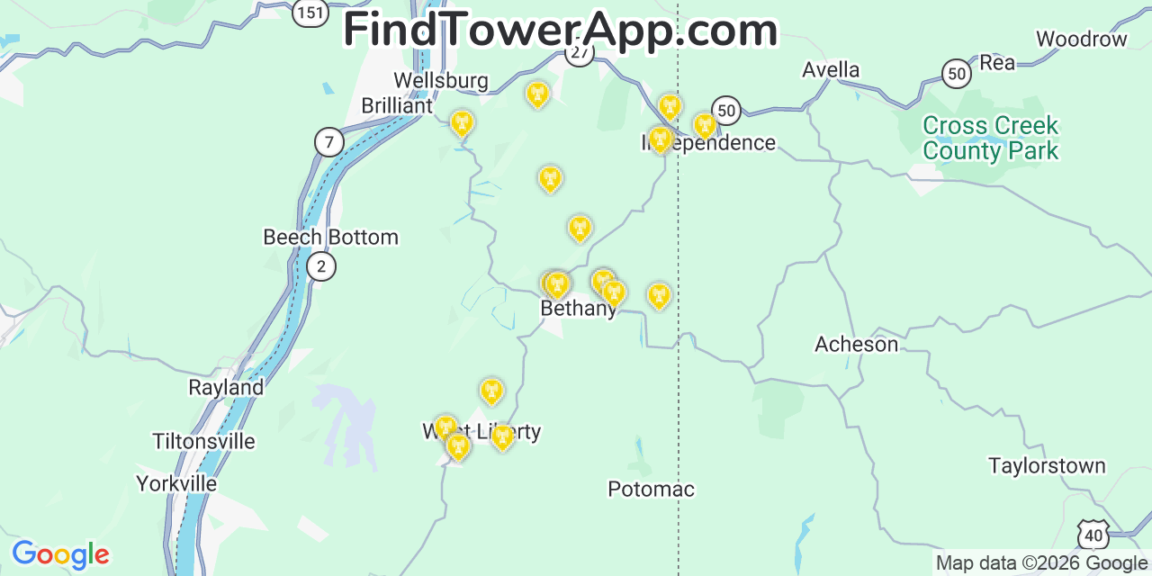 Map showing the 20 primary cell tower locations detected in Bethany, West Virginia from AT&T, Verizon, and T-Mobile networks