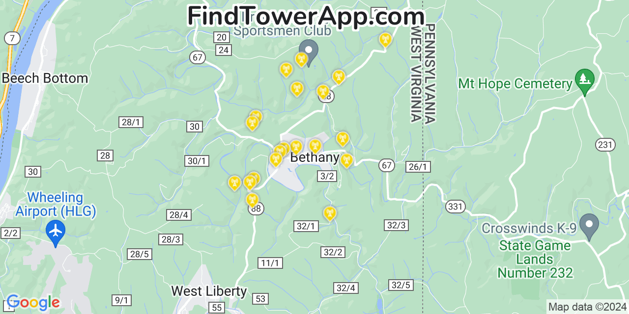 T-Mobile 4G/5G cell tower coverage map Bethany, West Virginia