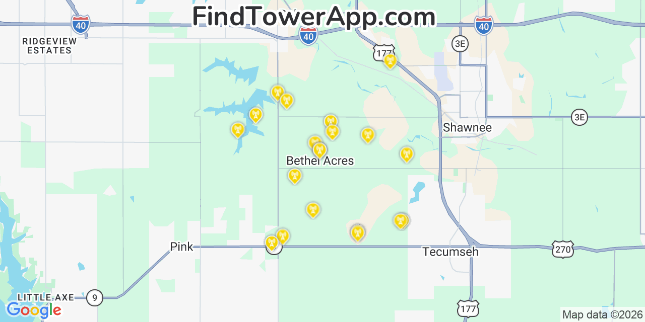 Map showing the 20 primary cell tower locations detected in Bethel Acres, Oklahoma from AT&T, Verizon, and T-Mobile networks