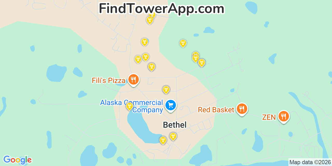 Map showing the 20 primary cell tower locations detected in Bethel, Alaska from AT&T, Verizon, and T-Mobile networks