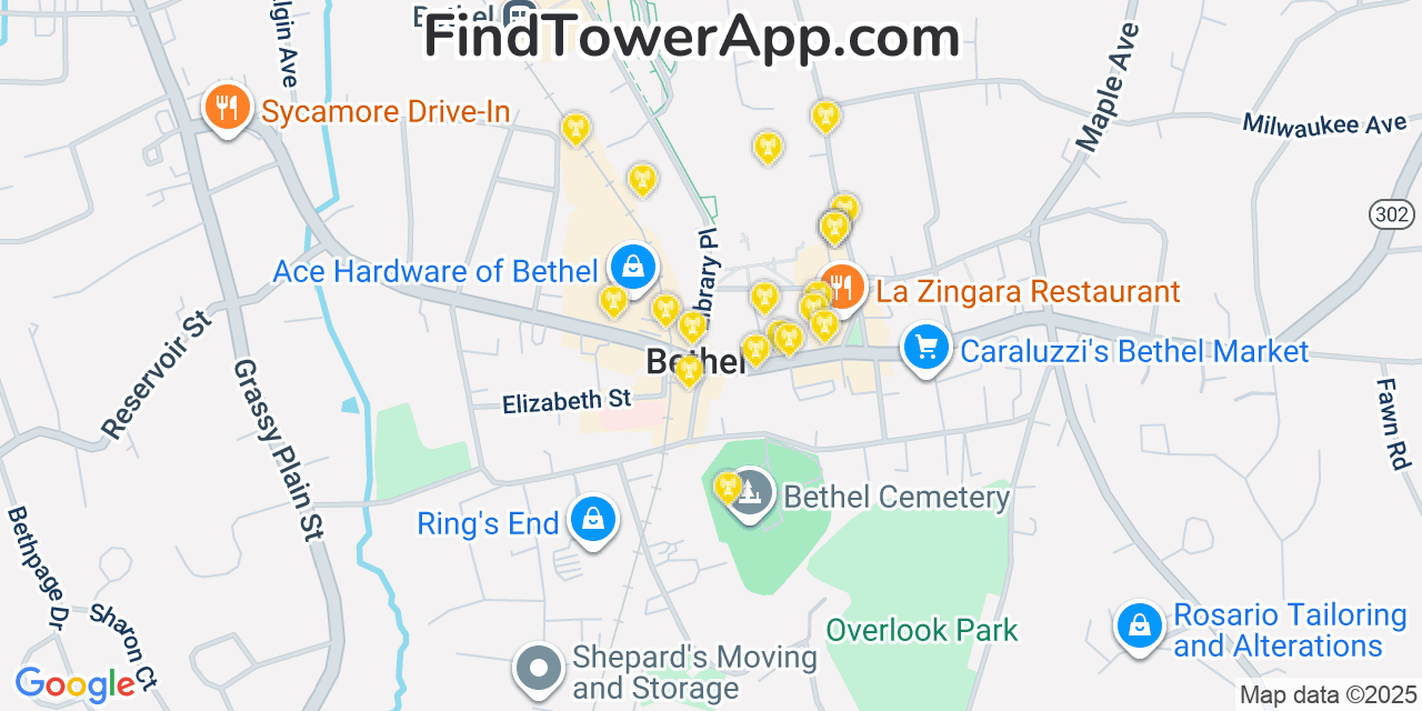 Map showing the 20 primary cell tower locations detected in Bethel, Connecticut from AT&T, Verizon, and T-Mobile networks