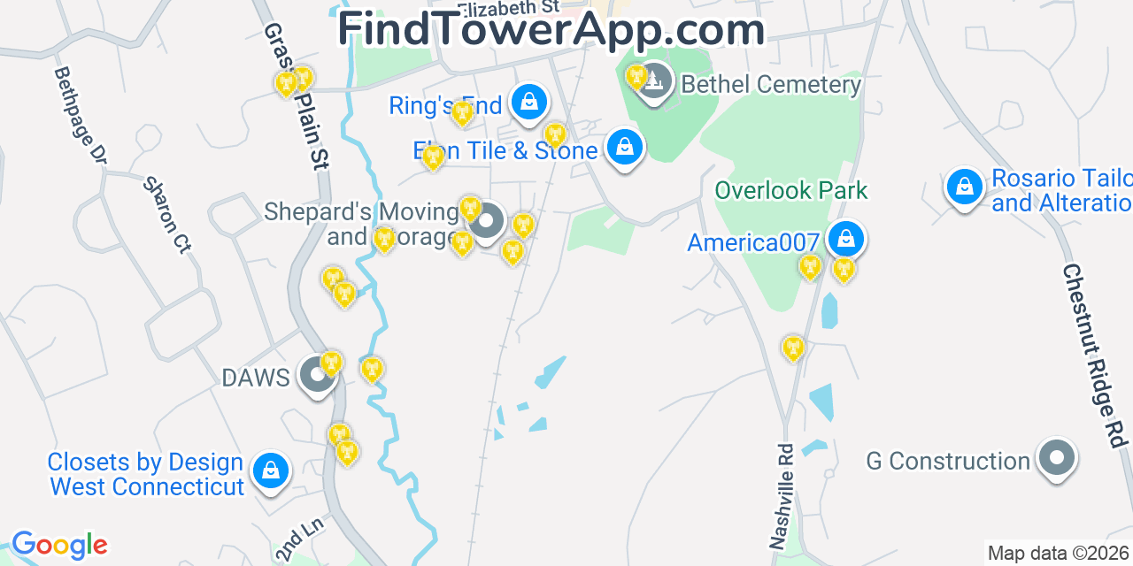 Map showing the 20 primary cell tower locations detected in Bethel, Connecticut from AT&T, Verizon, and T-Mobile networks