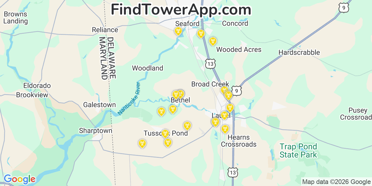 Map showing the 20 primary cell tower locations detected in Bethel, Delaware from AT&T, Verizon, and T-Mobile networks