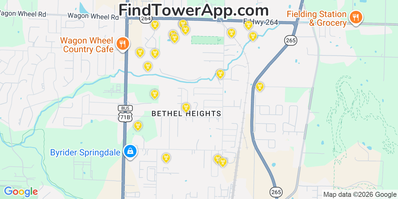 Map showing the 20 primary cell tower locations detected in Bethel Heights, Arkansas from AT&T, Verizon, and T-Mobile networks