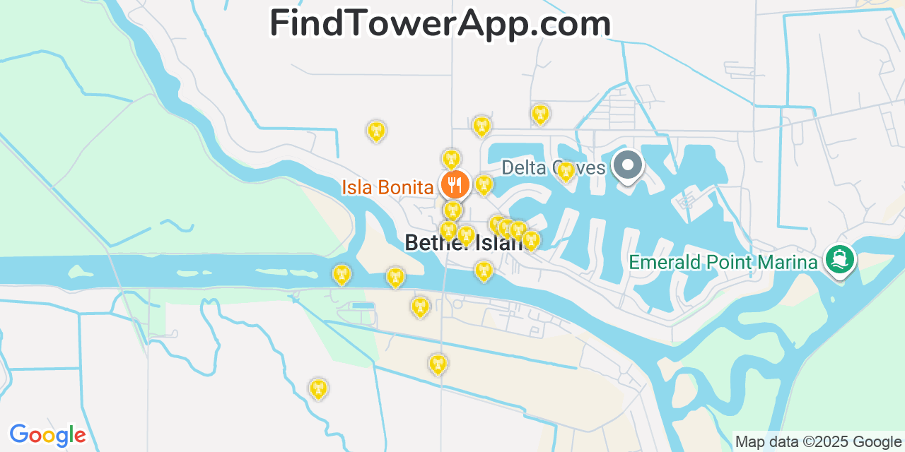 Map showing the 20 primary cell tower locations detected in Bethel Island, California from AT&T, Verizon, and T-Mobile networks