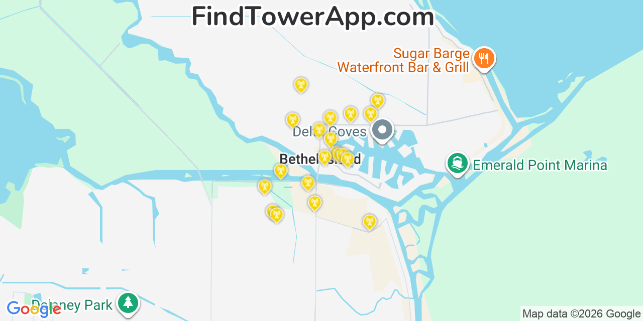 Map showing the 20 primary cell tower locations detected in Bethel Island, California from AT&T, Verizon, and T-Mobile networks