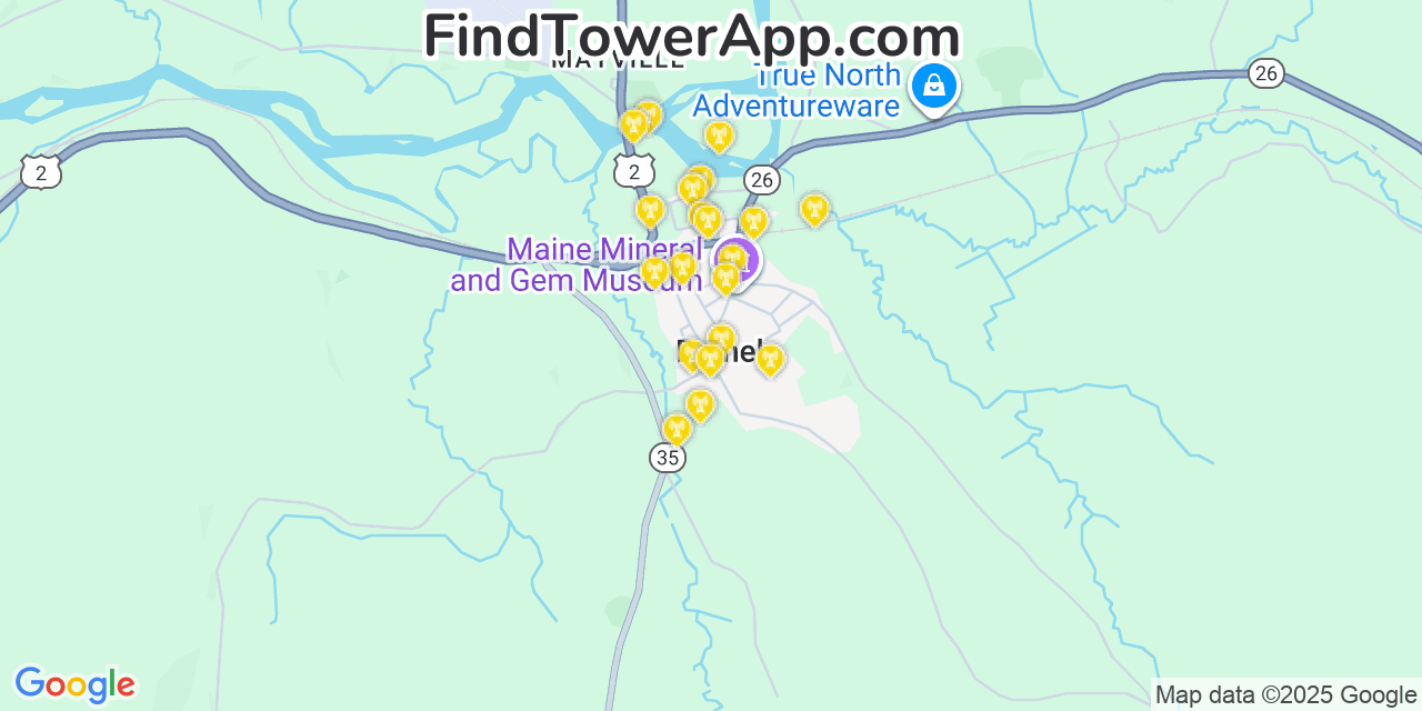 Map showing the 20 primary cell tower locations detected in Bethel, Maine from AT&T, Verizon, and T-Mobile networks