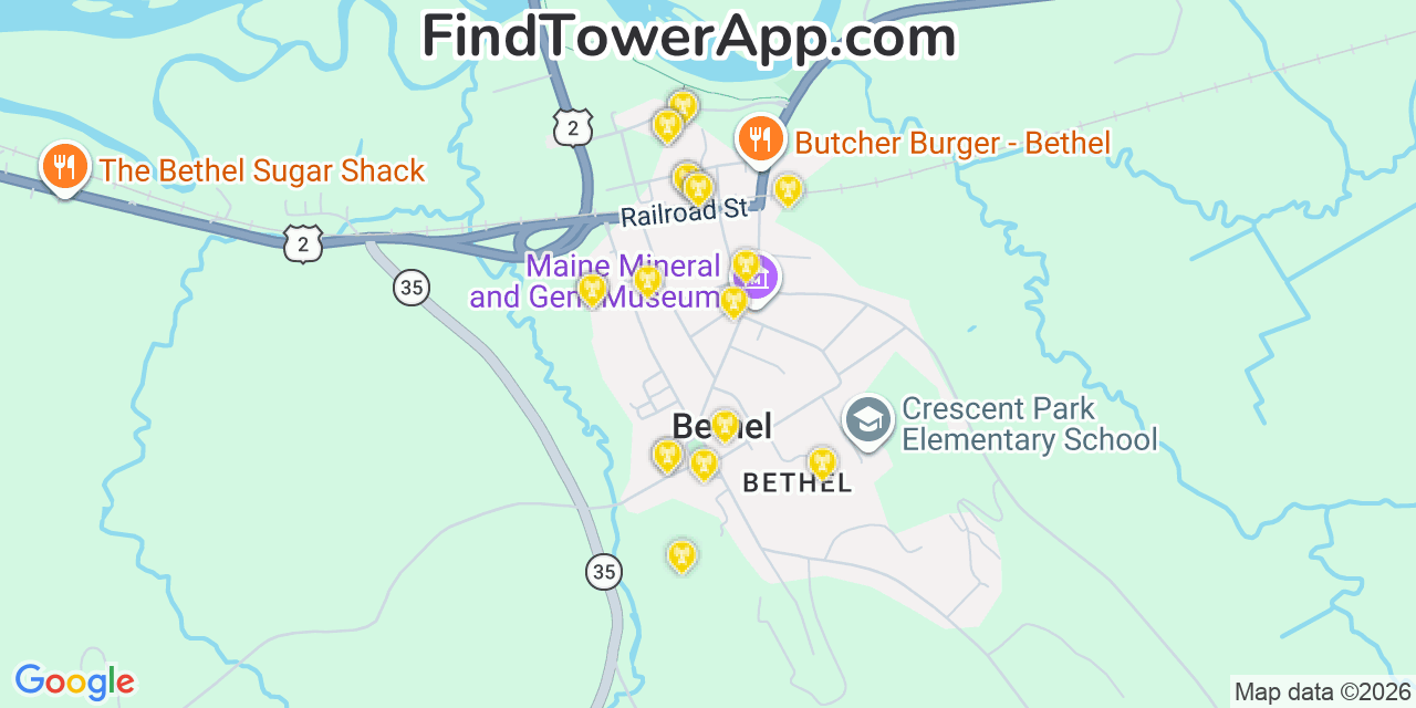 Map showing the 20 primary cell tower locations detected in Bethel, Maine from AT&T, Verizon, and T-Mobile networks