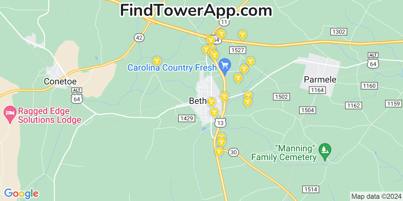 AT&T 4G/5G cell tower coverage map Bethel, North Carolina