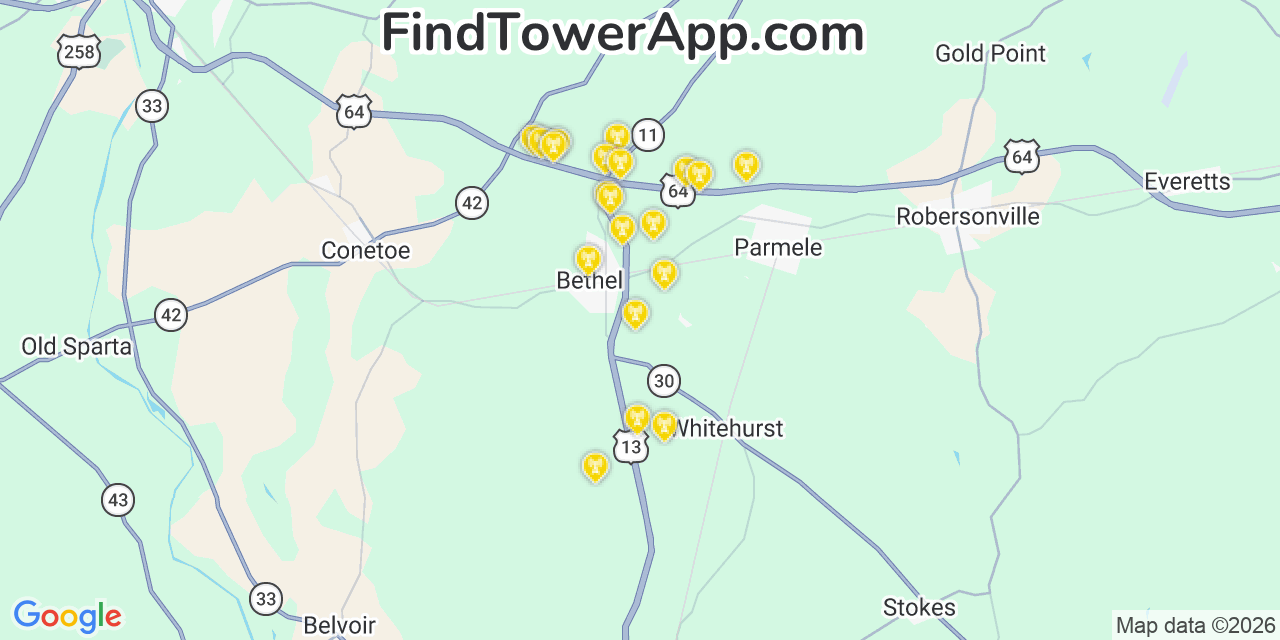 Map showing the 20 primary cell tower locations detected in Bethel, North Carolina from AT&T, Verizon, and T-Mobile networks