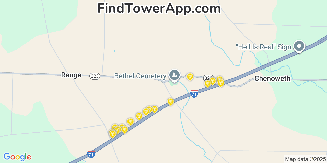 Map showing the 20 primary cell tower locations detected in Bethel, Ohio from AT&T, Verizon, and T-Mobile networks