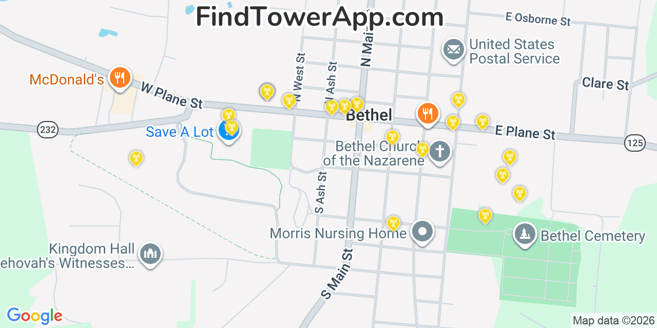 Map showing the 20 primary cell tower locations detected in Bethel, Ohio from AT&T, Verizon, and T-Mobile networks