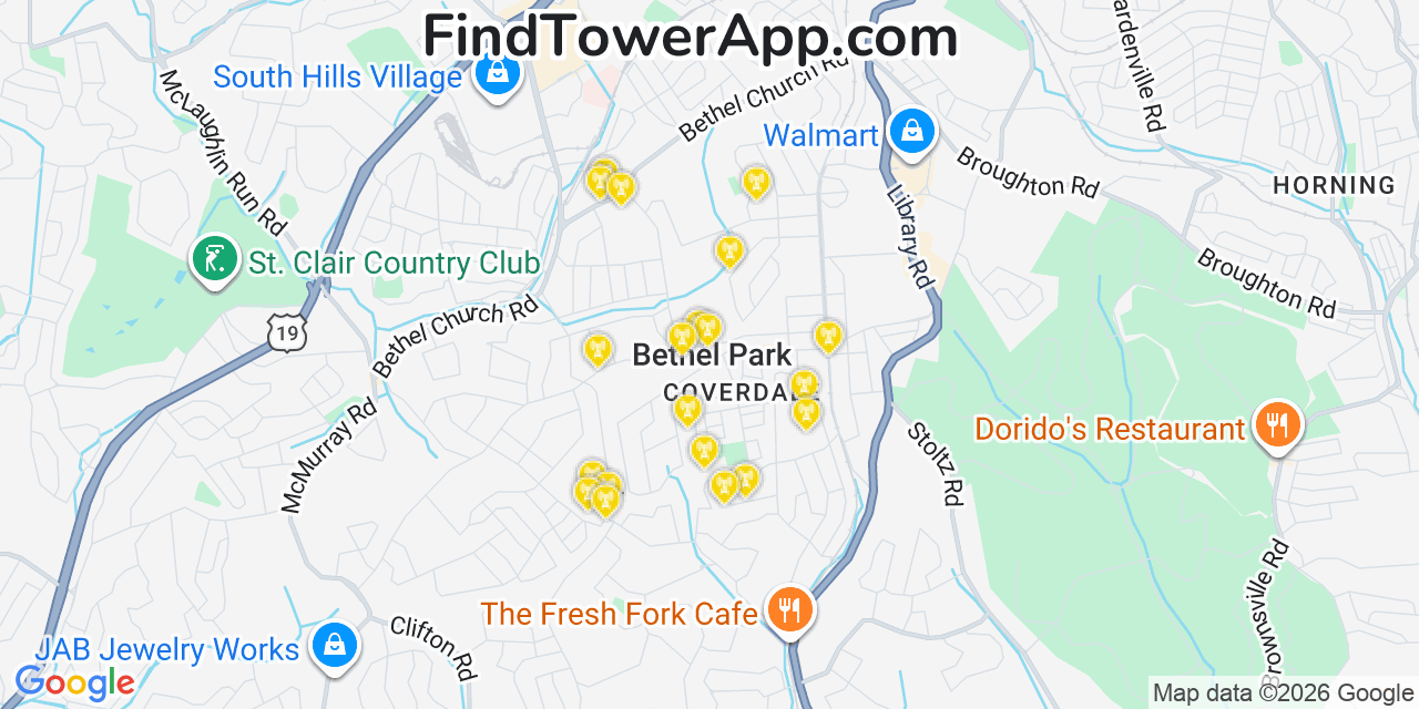 Map showing the 20 primary cell tower locations detected in Bethel Park, Pennsylvania from AT&T, Verizon, and T-Mobile networks