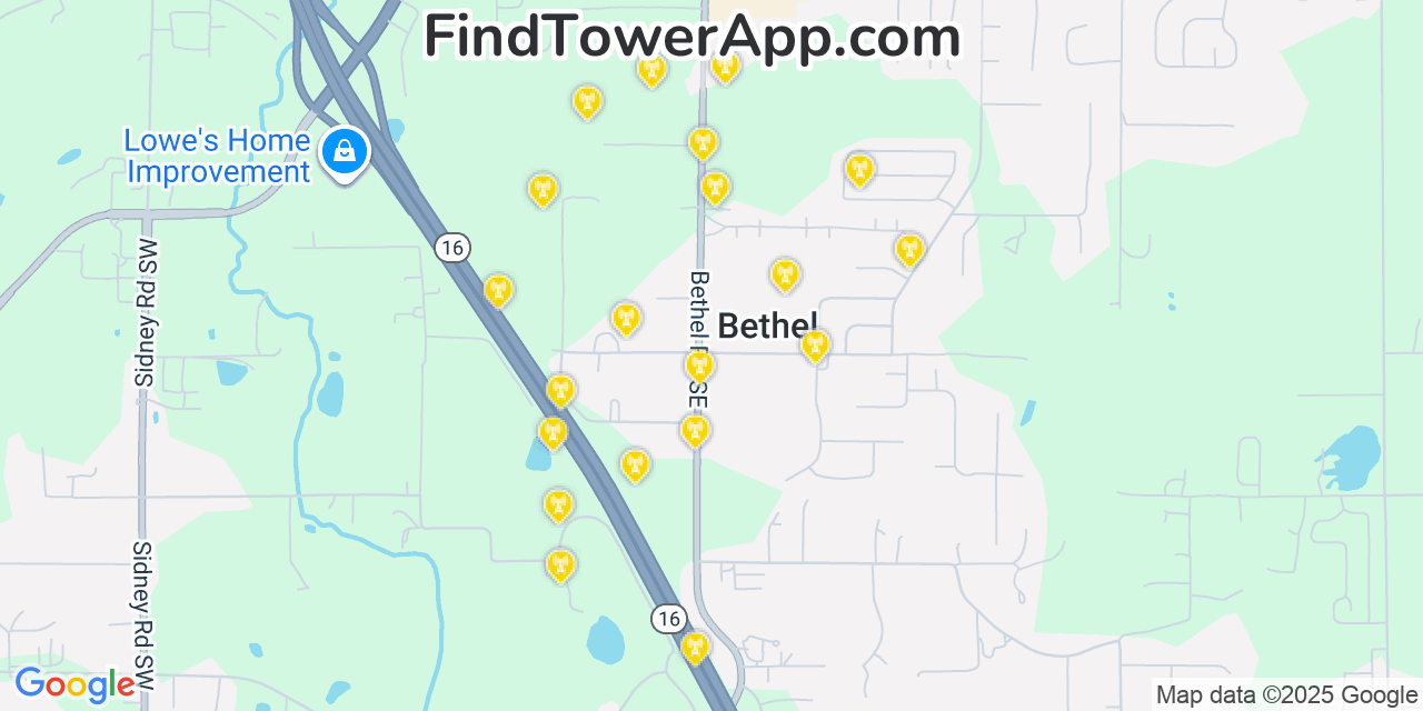 Map showing the 20 primary cell tower locations detected in Bethel, Washington from AT&T, Verizon, and T-Mobile networks