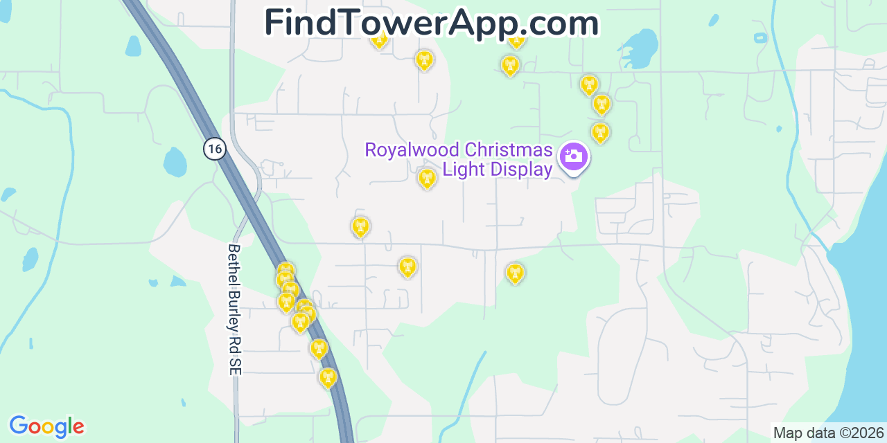 Map showing the 20 primary cell tower locations detected in Bethel, Washington from AT&T, Verizon, and T-Mobile networks