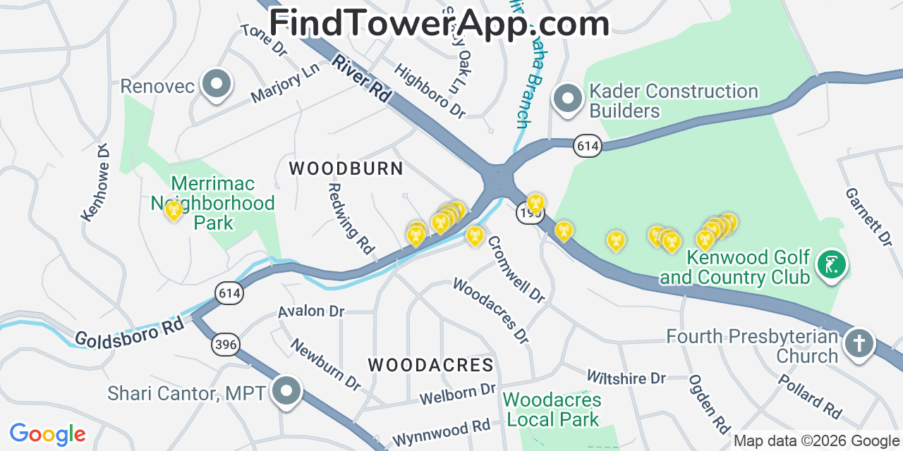 Map showing the 20 primary cell tower locations detected in Bethesda, Maryland from AT&T, Verizon, and T-Mobile networks