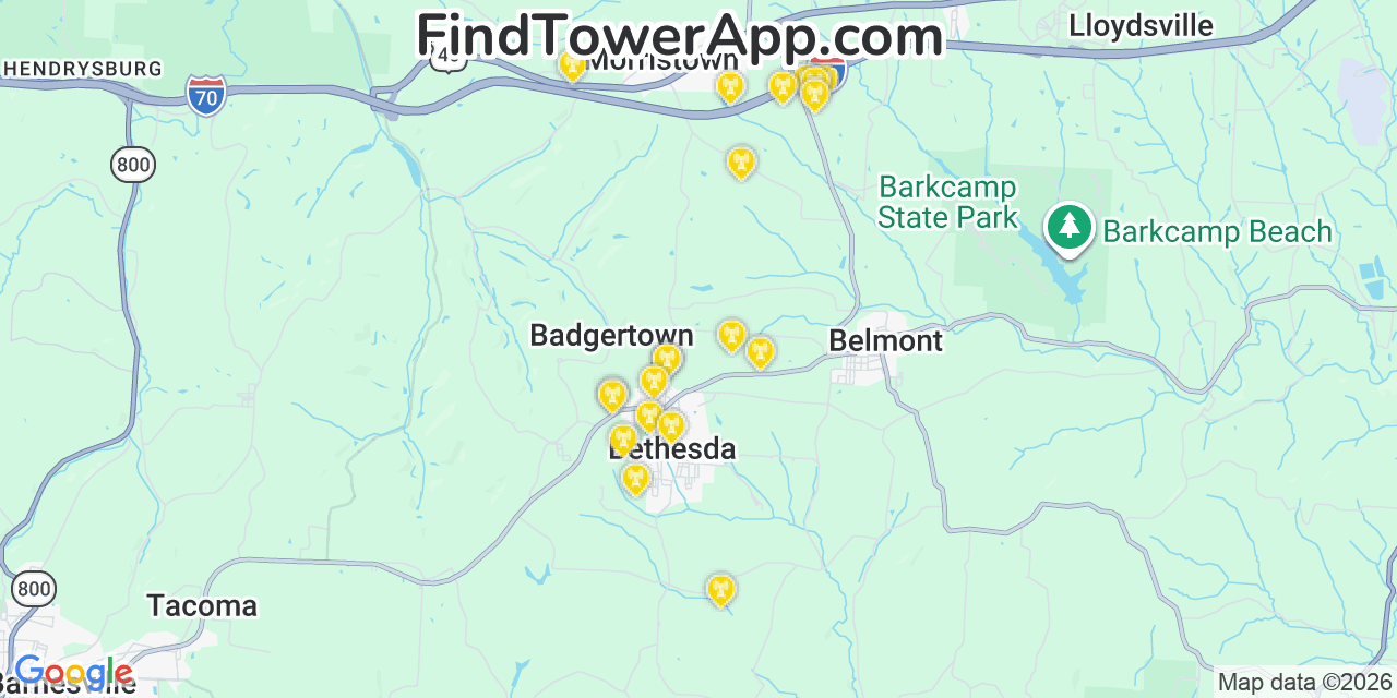 Map showing the 20 primary cell tower locations detected in Bethesda, Ohio from AT&T, Verizon, and T-Mobile networks