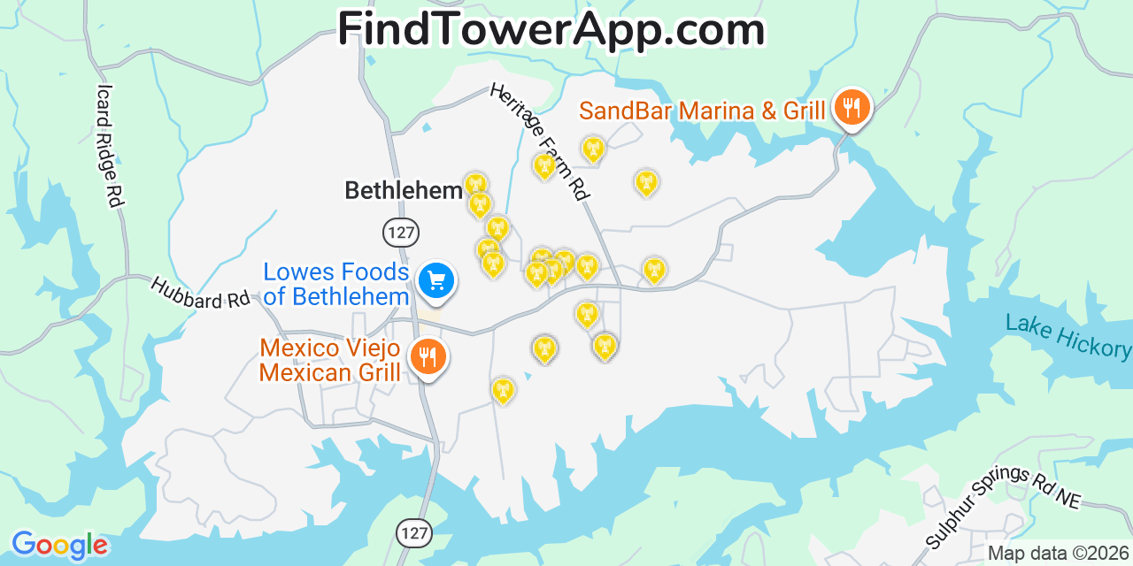 Map showing the 20 primary cell tower locations detected in Bethlehem, North Carolina from AT&T, Verizon, and T-Mobile networks