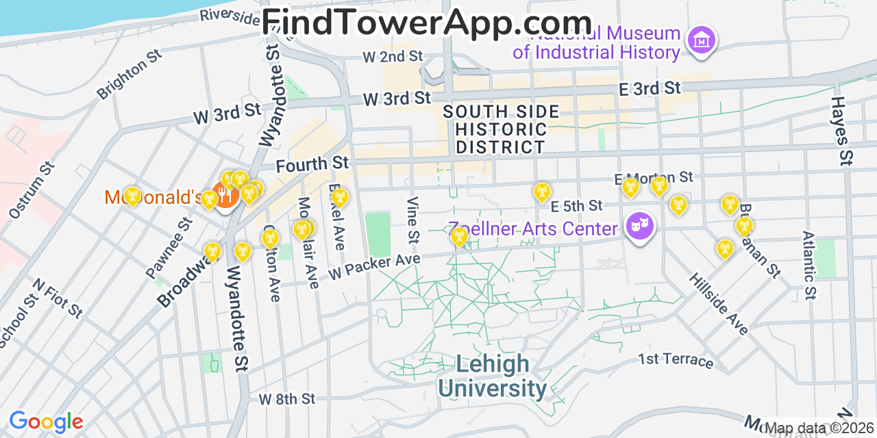 Map showing the 20 primary cell tower locations detected in Bethlehem, Pennsylvania from AT&T, Verizon, and T-Mobile networks