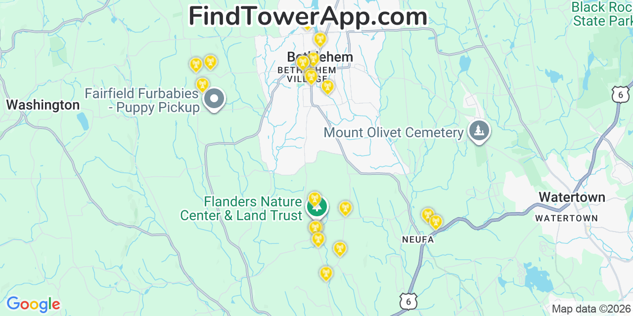 Map showing the 20 primary cell tower locations detected in Bethlehem Village, Connecticut from AT&T, Verizon, and T-Mobile networks