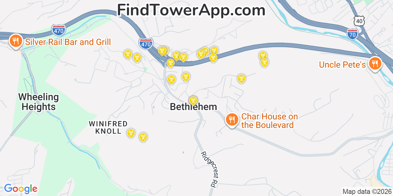 Map showing the 20 primary cell tower locations detected in Bethlehem, West Virginia from AT&T, Verizon, and T-Mobile networks