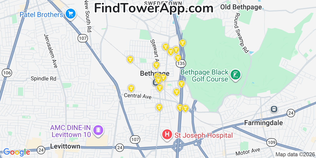 Map showing the 20 primary cell tower locations detected in Bethpage, New York from AT&T, Verizon, and T-Mobile networks