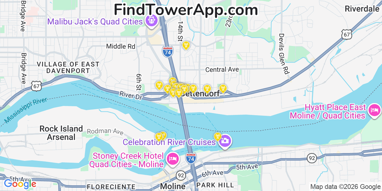 Map showing the 20 primary cell tower locations detected in Bettendorf, Iowa from AT&T, Verizon, and T-Mobile networks