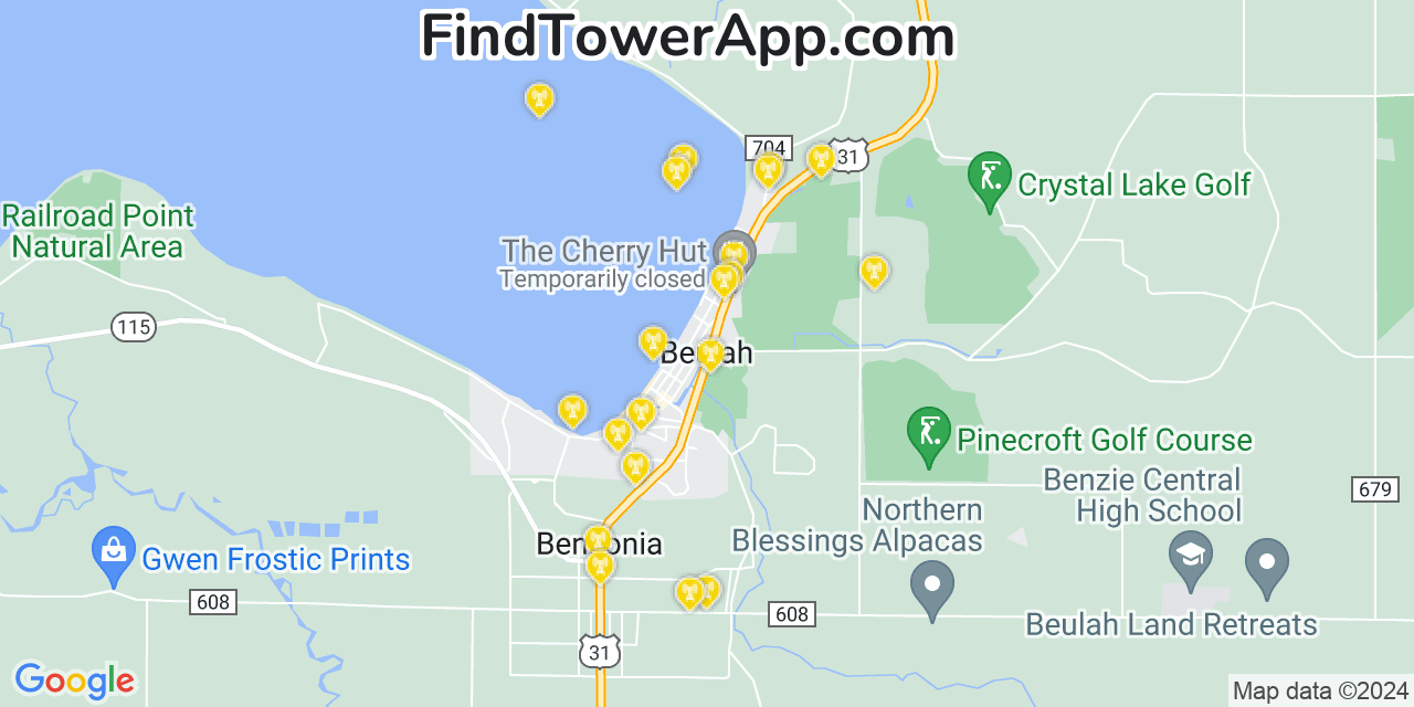 AT&T 4G/5G cell tower coverage map Beulah, Michigan