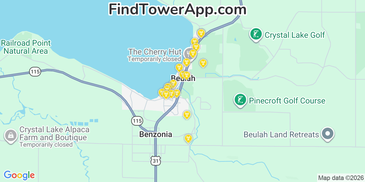 Map showing the 20 primary cell tower locations detected in Beulah, Michigan from AT&T, Verizon, and T-Mobile networks