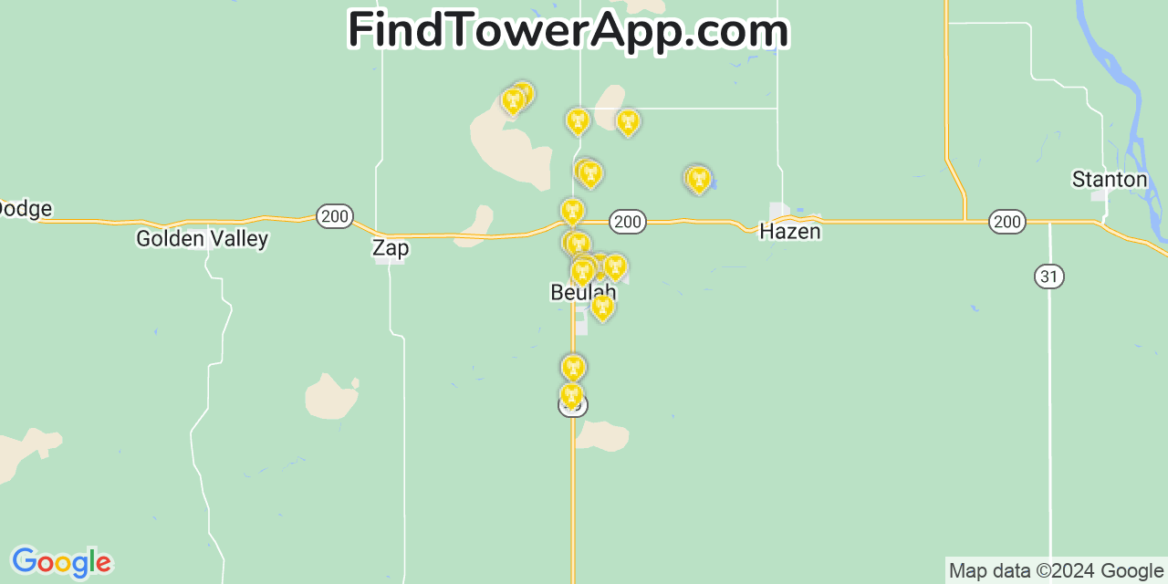 AT&T 4G/5G cell tower coverage map Beulah, North Dakota