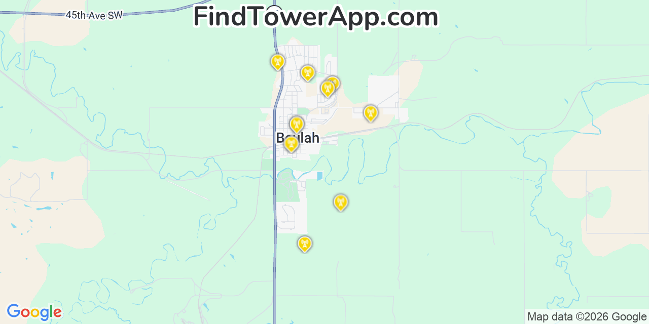 Map showing the 20 primary cell tower locations detected in Beulah, North Dakota from AT&T, Verizon, and T-Mobile networks