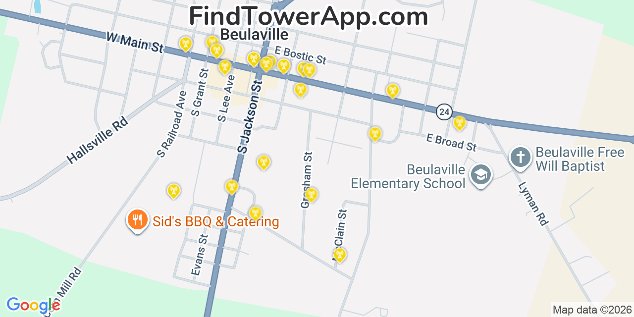 Map showing the 20 primary cell tower locations detected in Beulaville, North Carolina from AT&T, Verizon, and T-Mobile networks